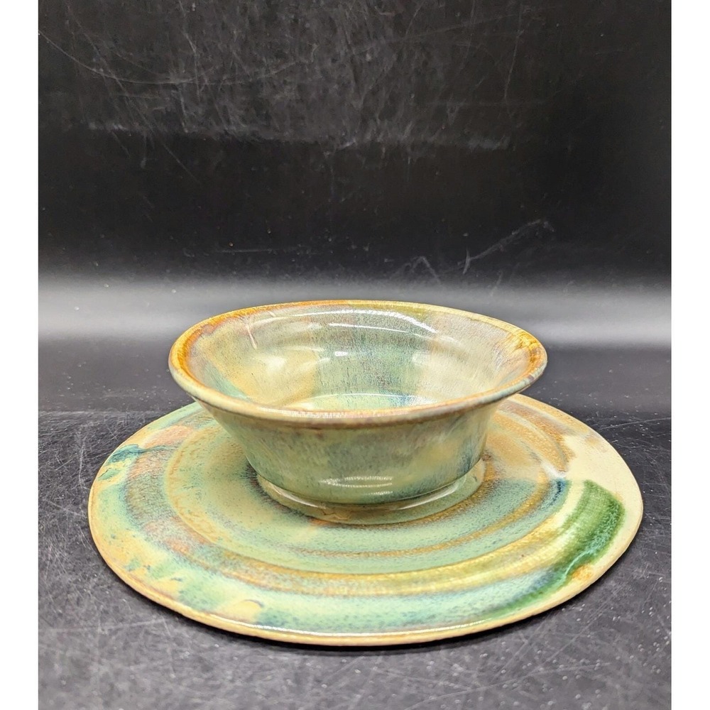 Handmade Studio Art Pottery Green Bowl W/ Underplate Chip & Dip Ceramic 8.5"